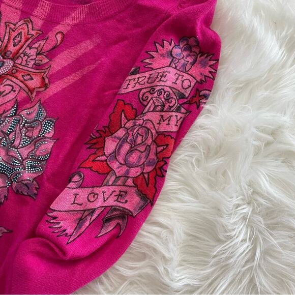 Vintage Ed Hardy Magenta Pink Rhinestone Tattoo Scoop Neck Wool Tunic Sweater M - Picture 3 of 6